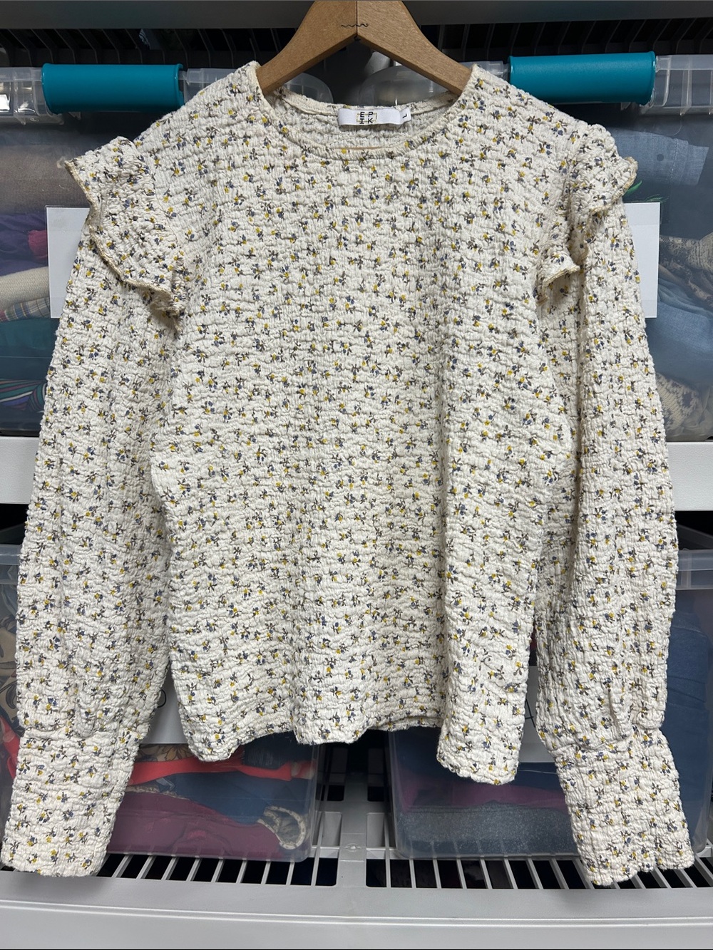 Epik Cream Textured Floral Cottage Ruffle Shoulder Top